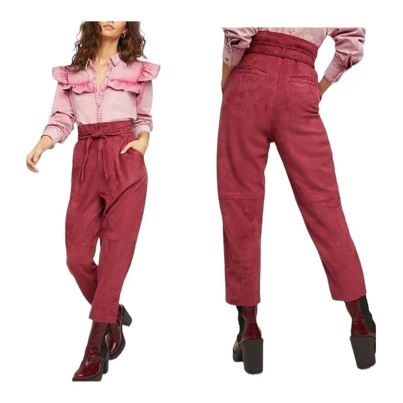 FREE PEOPLE Nightfall Suede Tie Waist Paperbag Pant Size 2 Pomegranate NWT - Picture 1 of 10